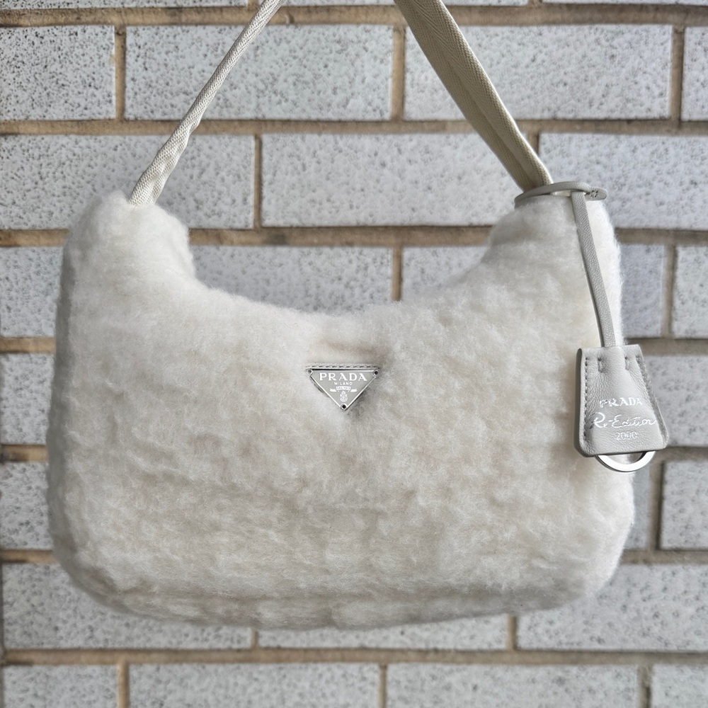Cream Prada Re-Edition 2000 Shearling Mini Bag